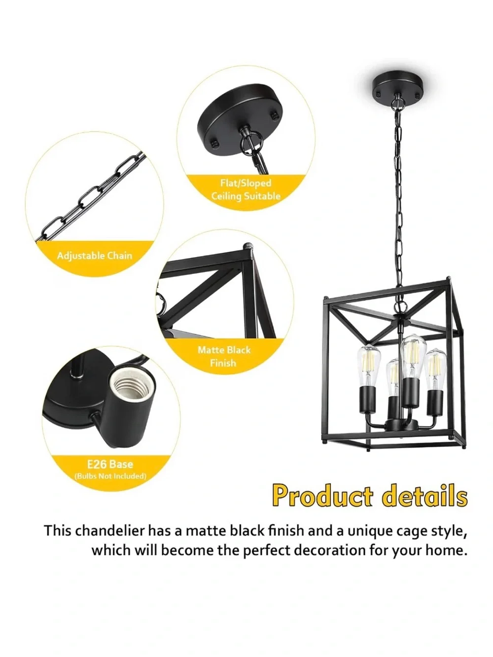 Unicozin 4-Light Black Farmhouse Chandelier, Iron Lantern Pendant Light, NIB
